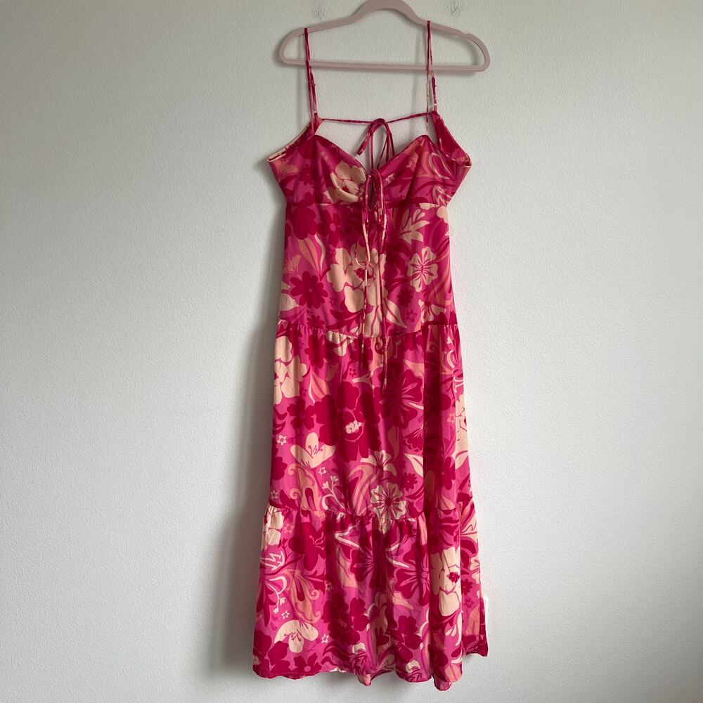 Crystal Doll Pink, Fuchsia, Cream Tropical Floral Print Tiered Maxi Dress XL